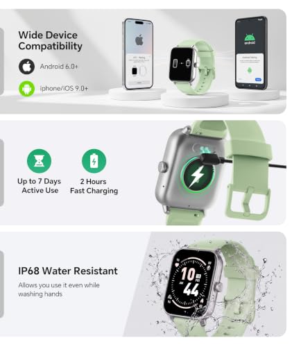 Image of Quican Smart Watches for Women Men, Android Smart Watch | 1.8 inch Fitness Tracker Watch, Waterproof, Calling, Heart Rate /Sleep Monitor, Alexa, Gifts for Women, Silicone Band, Green
