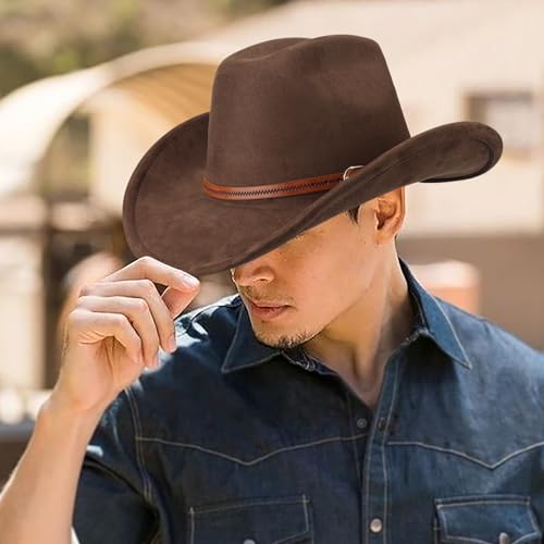 Image of DRESHOW Cowboy Hat for Women and Men Wide Brim Western Cowboy Cowgirl Hat with Belt Buckle Unisex Rolled up Caps