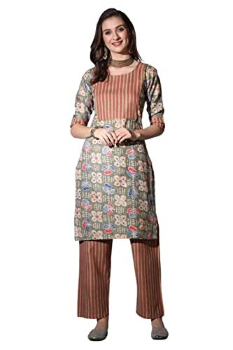 Image of DHRUVI TRENDZ Women's Cotton Blend Fancy Kurta Set | Regular Fit Kurti Sets for Woman | Floral Printed Kurta Sets for Woman Daily Outfits | Cotton Ethnic Traditional Straight Kurti Set for Office
