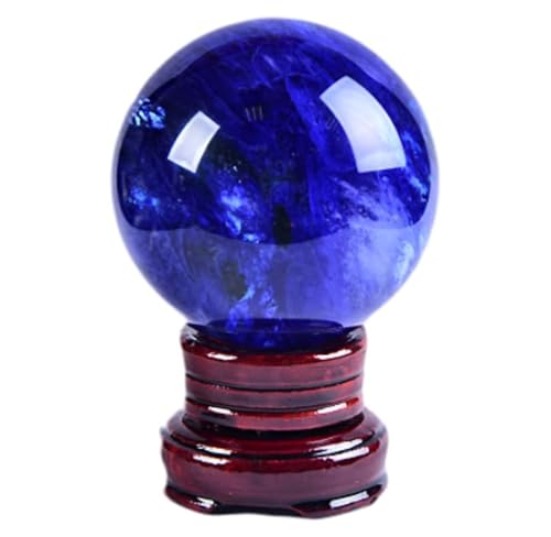 Blue Smelting Crystal Ball with Wooden Stand,Blue Quartz Crystal Ball Sphere, Scrying Ball for Fortune Telling Home Table Decora