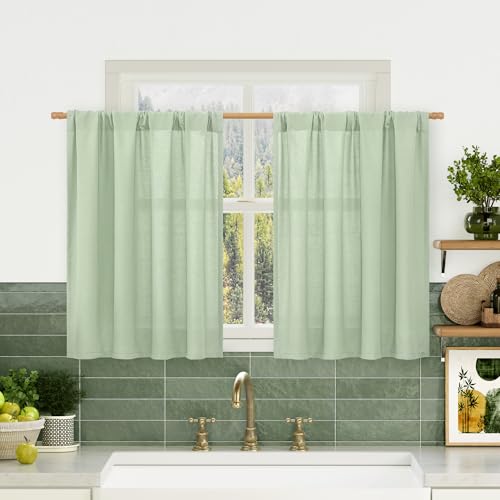 Image of LAMIT Short Kitchen Window Linen Curtains 30 Inch Length Over Sink 2 Panels