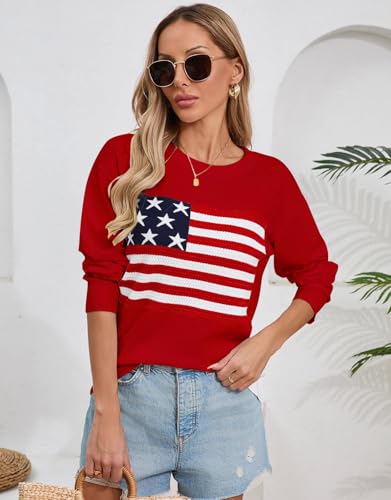 Womens American Flag Sweater, Long Sleeve Crewneck Colorblock Striped Pullover with Drop Shoulder - Casual Knitted Sweaters4