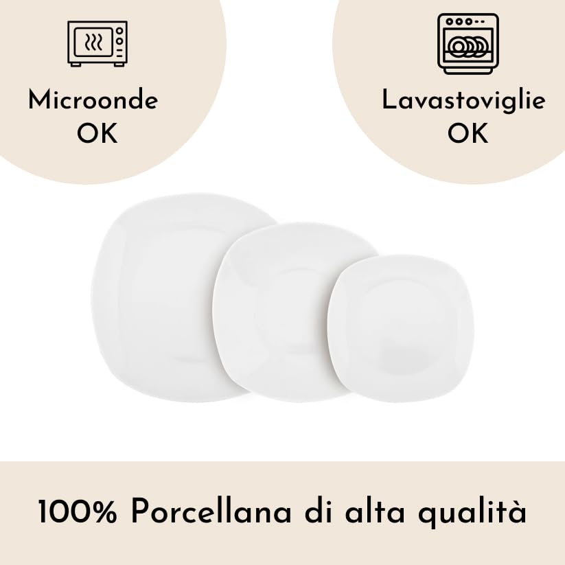 Set Piatti 6 Persone, Servizio Piatti 18 Pezzi, in New Bone China, Piatti Piani 24 cm + Piatti Fondi 22 cm + Piatti Frutta 19 cm, adatto Microonde e Lavastoviglie