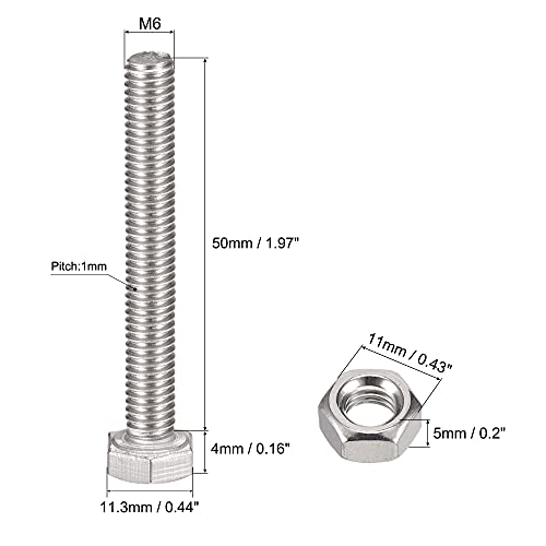 Image of uxcell M6 x 50mm Hex Head Screws Bolts, Nuts, Flat & Lock Washers Kits, 304 Stainless Steel Fully Thread Hexagon Bolts 10 Sets