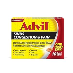 Advil Sinus Congestion and Pain, Sinus Relief Medicine, Pain Reliever and Fever Reducer with Ibuprofen and Phenylephrine HCl – 10 Coated Tablets