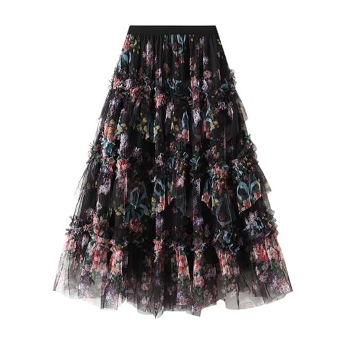 Womens Sheer Floral Skirts Tiered Pleated A-Line Maxi Skirt Romantic Boho Spring Skirts