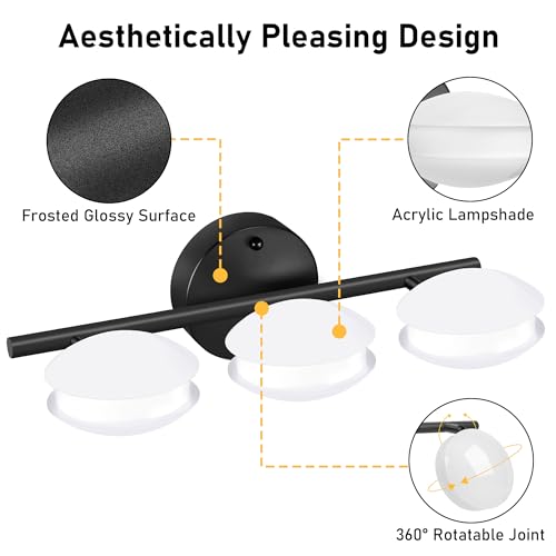 Image of redaica Vanity Lights Bathroom Lighting Fixtures Over Mirror, 3 Color Temperatures Modern Mirror Lights, 3 Rotatable Light Head Vanity Light Wall Sconce Matte Black