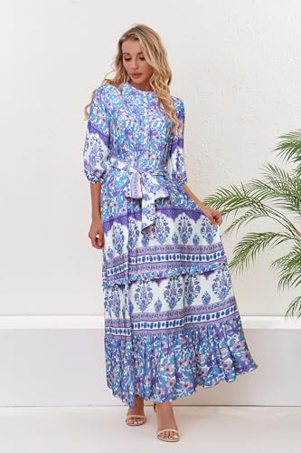 Image of Women Boho High-Waist Floral Print Maxi Dress 3 /4 Sleeve Casual | Soft Rayon, Breathable, Quick-Dry. High-Waist with Adjustable Belt, Flattering Hem. Ideal for Beach, Work & Dating.