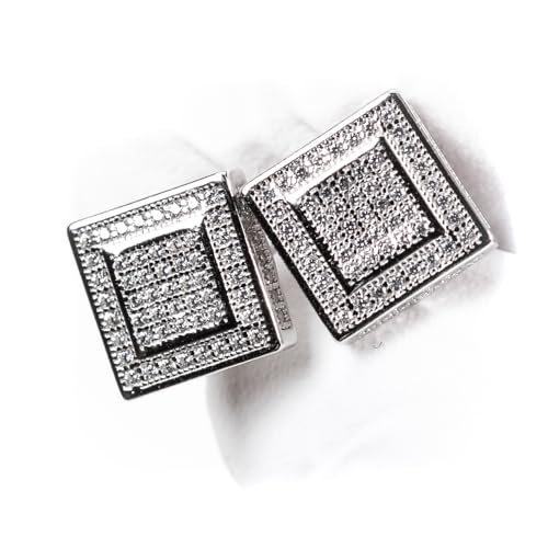 Men’s Micro Pave 3D Iced 5A Cz Halo Square White Gold 925 Sterling Silver Hypoallergenic Hip Hop Screw Back Post Stud Earrings For Men Women