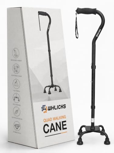 Image of WHLICKS Quad Cane for Stability, Adjustable Walking Cane for Women & Men with A Large 4 Pronged Base for Balance, Self Standing Cane, 350lbs Heavy Duty Cane with 4 Legs, Walking Sticks for Seniors