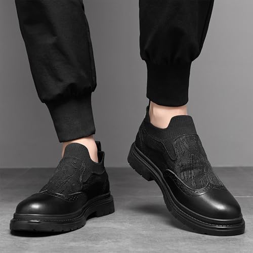 Men's Leather Splicing Platform Wingtip Loafers Round Toe Breathable Lug Sole Slip On Brogue Dress Shoes for Business Office Casual 5