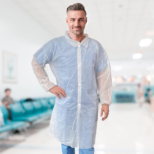 Image of AMZ Medical Supply White Disposable Lab Coat, 2X-Large. 10 Pack 35 GSM Polypropylene Fabric Protective Coat. Knee-Length Disposable Lab Coats for Adults with Elastic Wrist, Loop Fasteners, No Pockets