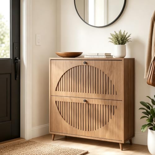 Image of Shoe Storage Cabinet for Entryway | Ultra-Slim Narrow Shoe Organizer with 2 Flip Drawers | Freestanding Hidden Shoe Rack | Space-Saving Solution for Small Hallway, Foyer, Mudroom