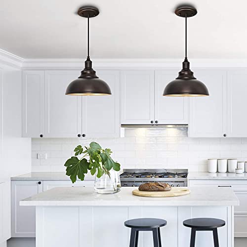 Image of 2 Pack Bronze Pendant Lights Kitchen Island Industrial Adjustable Hanging Barn Light Fixtures | ETL Certificate, Easy to Install,Adjustable Height Cord,Vintage Industrial Dome Hanging Light Fixtures