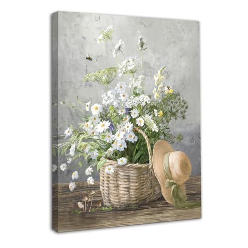 Dazzlewall Framed Daisy Flower Wall Art Decor Rustic Floral Prints, Farmhouse Botanical Canvas Wall Art for Bathroom Living Room Decor 12x16 in