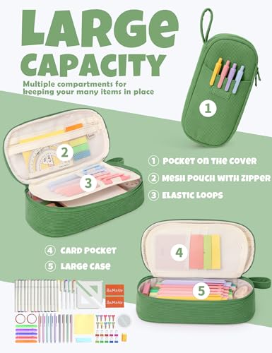 Image of SUNEE Cute Pencil Case, Large Pencil Pouch, Soft Corduroy Fabric Big Pencil Bag with Zipper, Kawaii Pen Bag Stationery Storage and Organizer, School Supplies for Teen, Student, Boys, Girls, Soft Green