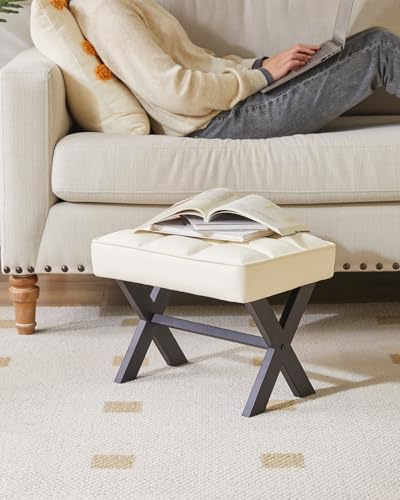 Image of IBUYKE Small 12 inch H Footrest, Square PU Step Stool, White WBD012W | Foot Stool Metal X-Leg Multi-Use Small Side Table Living Room Bedroom Entryway Office