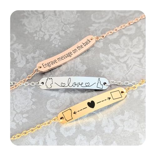 Personalized Long Distance Relationship Bracelet Custom State or Country Engraved Bar Jewelry for Couples Friends Military Deployment Best Friend Gift Adjustable Chain Bridesmaid Gift Idea