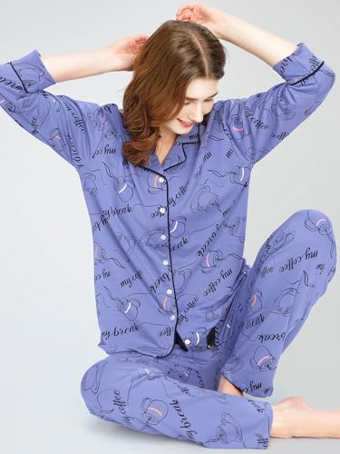 Image of ZEYO Night Suit for Women's Cup & Saucer Printed Cotton Night Dress of Shirt and Pajama Set 5757