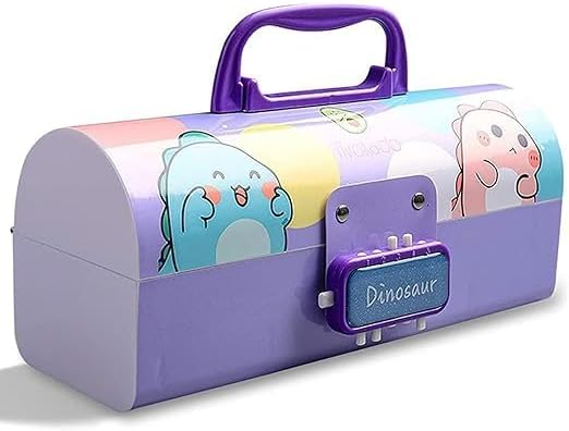 Plastic Suitcase Style Password Lock Multi-Layer Pencil Box with Marker for Boys and Girls, Password Pencil Case, Cartoon Pencil Box, Stationery Pencil Case (Dinosaur Purple)