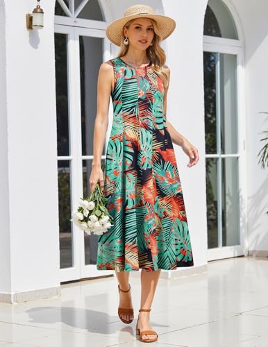Image of HOTOUCH Summer Casual Dresses for Women Sleeveless Midi Dress Swing Tank Sundress Pleated Tshirt Dress with Pockets