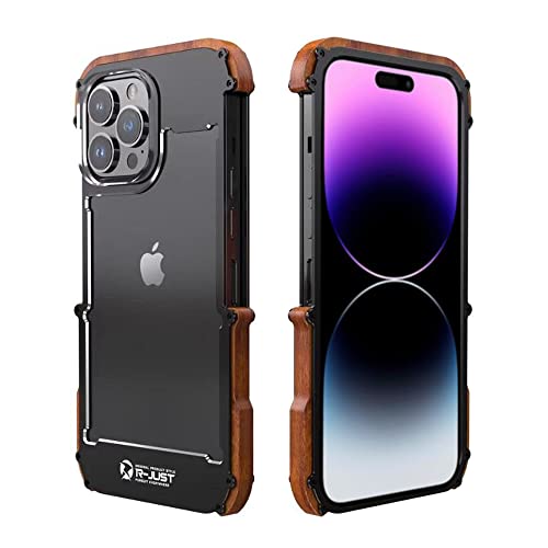 Kowauri for iPhone 14 Pro Max Case,Drop Protection Aluminum Alloy Metal Wood Bumper Frame Cover Shockproof Dropproof Protective Case for iPhone 14 Pro Max 6.7 inch (Black)