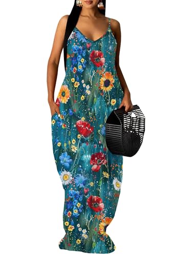 Image of SUZONANA Women's Plus Size Summer Dresses Spaghetti Print Maxi Dresses Long Loose Sundresses