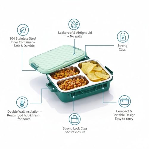 Image of Insulated Stainless Steel Lunch Box with Textured Lid | 3 Compartments | 525ml | BPA Free | Leakproof | Microwave Safe Without Lid | Bento Tiffin Box for Office School Travel (Teal Green, 3)