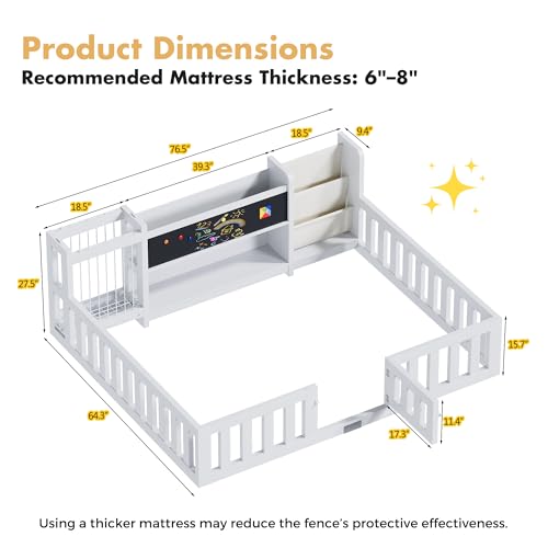 Montessori Wood Toddler Floor Bed with Blackboard & Bookshelf (White Full) - image 2