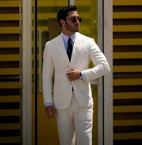 2 Piece Linen Suits for Men Summer Beach Wedding Suit Groomsmen Prom Casual Tuxedo Blazer Jacket Pants MCM182