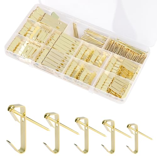 Image of Picture Hanging Hooks 237 Pieces,10LB 20LB 30LB 50LB 100LB Picture Hangers ,Nails Hanging Kit, Metal Picture Hangers for Drywall Wooden Wall,Gold