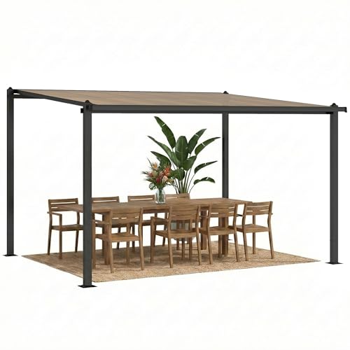 Outsunny 3.6 x 3 m Lean to Garden Pergola with Waterproof Polycarbonate Roof, Aluminium Frame Hardtop Roof Awning Gazebo Pergola with Drainage Gutters, Heavy Duty Outdoor Sun Shade, Dark Grey
