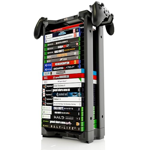 Soporte Universal de Juegos ADZ – Torre de Almacenamiento de 23 Juegos para PS2 PS3 PS4 PS5 PSP Xbox 360 Xbox One Series X Wii Switch Juegos DVD y Discos Blu-Ray. Incluye 2 Montajes para Controladores