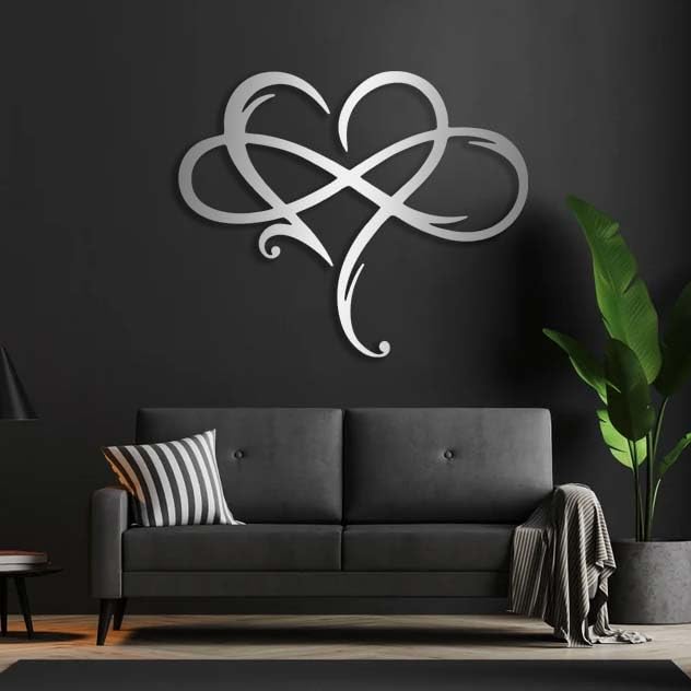 Aportif Infinity Heart Metal Wall Art, Metal Wall Decor, Eternal Love Infinity Heart Decorations, Minimalist Art, Bedroom Decor (Silver, 30"×24" | 76×