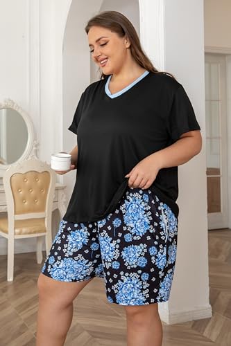 Image of Vozanet Women's Short Sleeve Top and Shorts Pajama Sets Plus Size V Neck Colorful Flower Nighty Loungewear With TWO Pockets