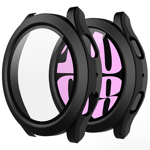 Misxi 2-Pack Hard PC Screen Protector Case with Tempered Glass, Compatible for Samsung Galaxy Watch 6 40mm, Ultra-thin Scratch Resistant Anti-slip Cover for Galaxy Watch6, Black