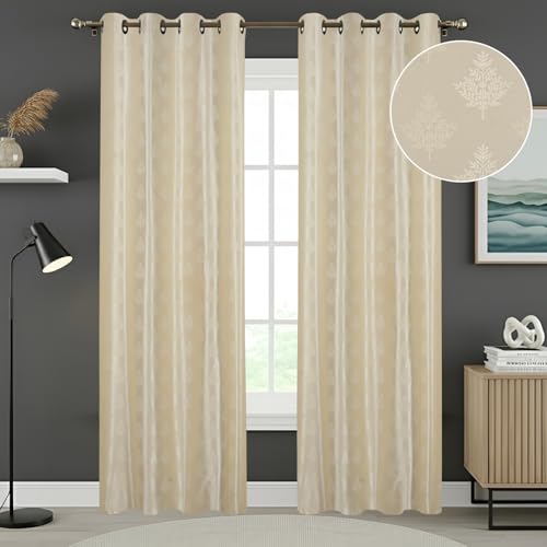 Image of Tree Print Eyelet Curtain Panel, Grommet Top, Living Room Window Drape 4x9 feet Curtains Set of 2 pcs, Cream Color