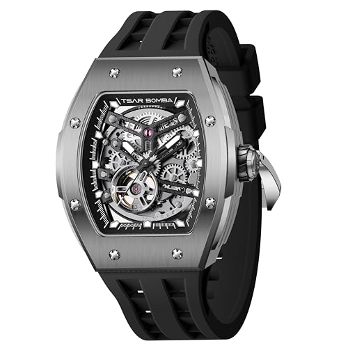 Image of TSAR BOMBA Mens Luxury Watch Automatic Watches for Men 50M Waterproof Japanese Mechanical Movement Tonneau Stainless Steel Case Sapphire Glass Big Face Cool Unique Fashion Gift Men