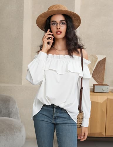 Prettywear Women's Sexy Off Shoulder Tops Long Sleeve Ruffle Blouse Flowy Going Out Shirt Oversized2