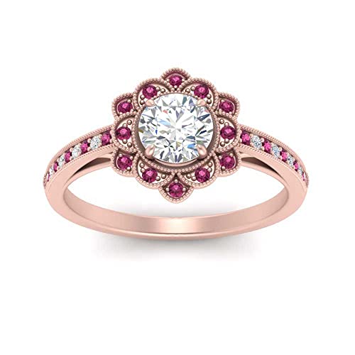 Image of 55Carat Choose Your Gemstone Milgrain Floral Halo Diamond CZ Ring Rose Gold Plated Round Shape Halo Engagement Rings Everyday Jewelry Wedding Jewelry Handmade Gifts for Wife US Size 4 to 12