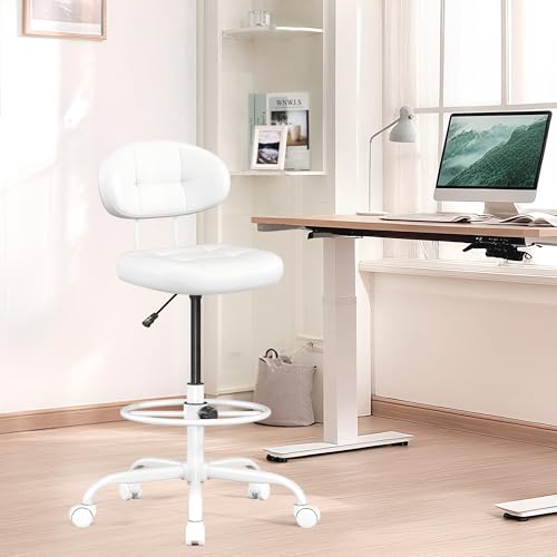Image of Misolant Drafting Chair, Armless Tall Office Chair with Footrest Ring for Standing Desk, Small Faux Leather Executive Computer Chair with Adjustable Height for Bar Lab Counter Height Desk, White