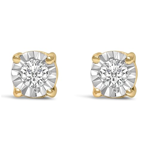 10K Yellow Gold Plated .925 Sterling Silver 1/10 Cttw Round Brilliant-Cut Lab Grown Diamond Miracle-Set Stud Earrings (F-G Color, VS1-VS2 Clarity)