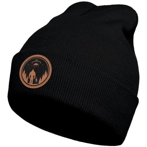 Image of Big Foot Beanie Hat, Sasquatch Leather Patch Winter Knit Skull Cap Bigfoot Gifts for Adult Men Women