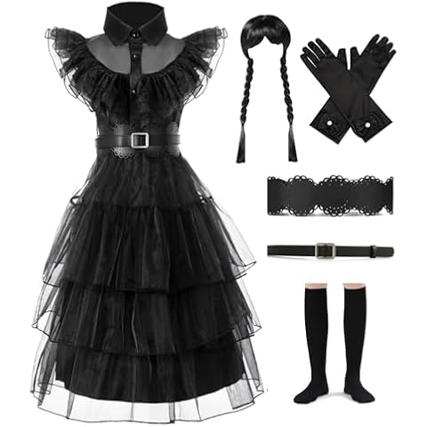 Moiegouct Girls Black Princess Costume Dress Up Costume Halloween Cosplay Party Outfit for Kids Girls with Wig Belts Socks Golves Size 11-12 Cover