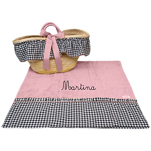 Capazo Mimbre y Toalla de Playa Personalizado para niña - Conjunto para piscina con nombre bordado - 2 Piezas (Vichy Negro/Rosa Maquillaje)