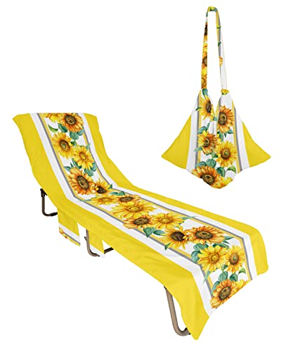 Sunflower Leaves Beach Chair Towel Covers for Chaise Lounge with Side Pocket, Soft Plush Pool Towels Cover for Patio Sunbathing Outdoor 29''x85'' Yellow Watercolor Spring Summer
