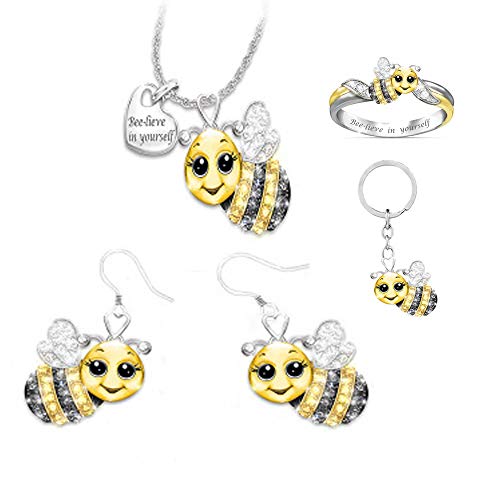 Piklohas Sra. Collar Pendientes Anillo Llavero Conjunto Animal Bebé Elefante Abeja Dos Colores Collar Estilo Europeo Y Americano Boda Turismo Conmemorativo Personal Bienestar Mejor Regalo(Yellow) Cover