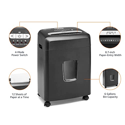 Image of Amazon Basics 12 Sheet High Security Micro Cut Paper, Credit Card and CD Shredder with 6 Gallon Easy Emptying Bin, Casters, Black