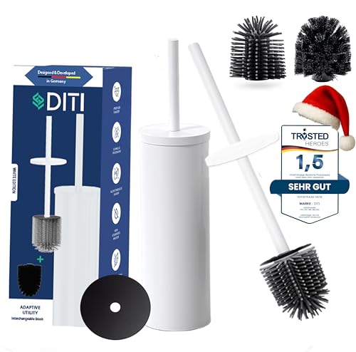 DITI Klobürste Runde Silikon Weiß matt - Edelstahl WC Bürste Rostfrei - Toilettenbürste mit Halter 2 Bürstenköpfe 2 Spritzschutz - Klobürste mit langem Griff - Klobesen - Toilet Brush