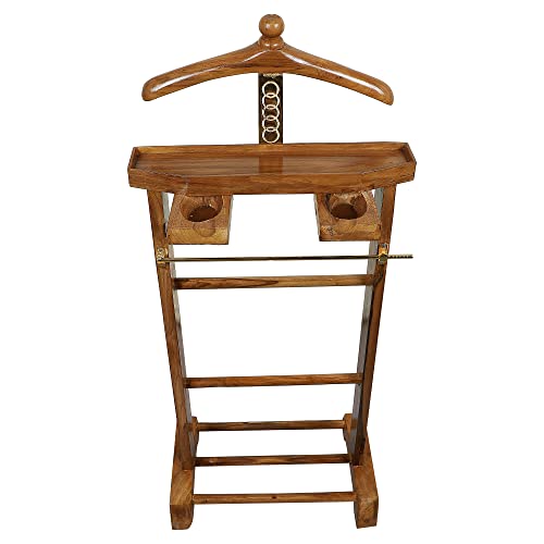 Image of BEVERLY STUDIO Natural Light brown Teak Wooden Sturdy Coat Stand /Cloth Hanger with Two Drawers(Length 47CM x Width 30CM x Height 104CM)